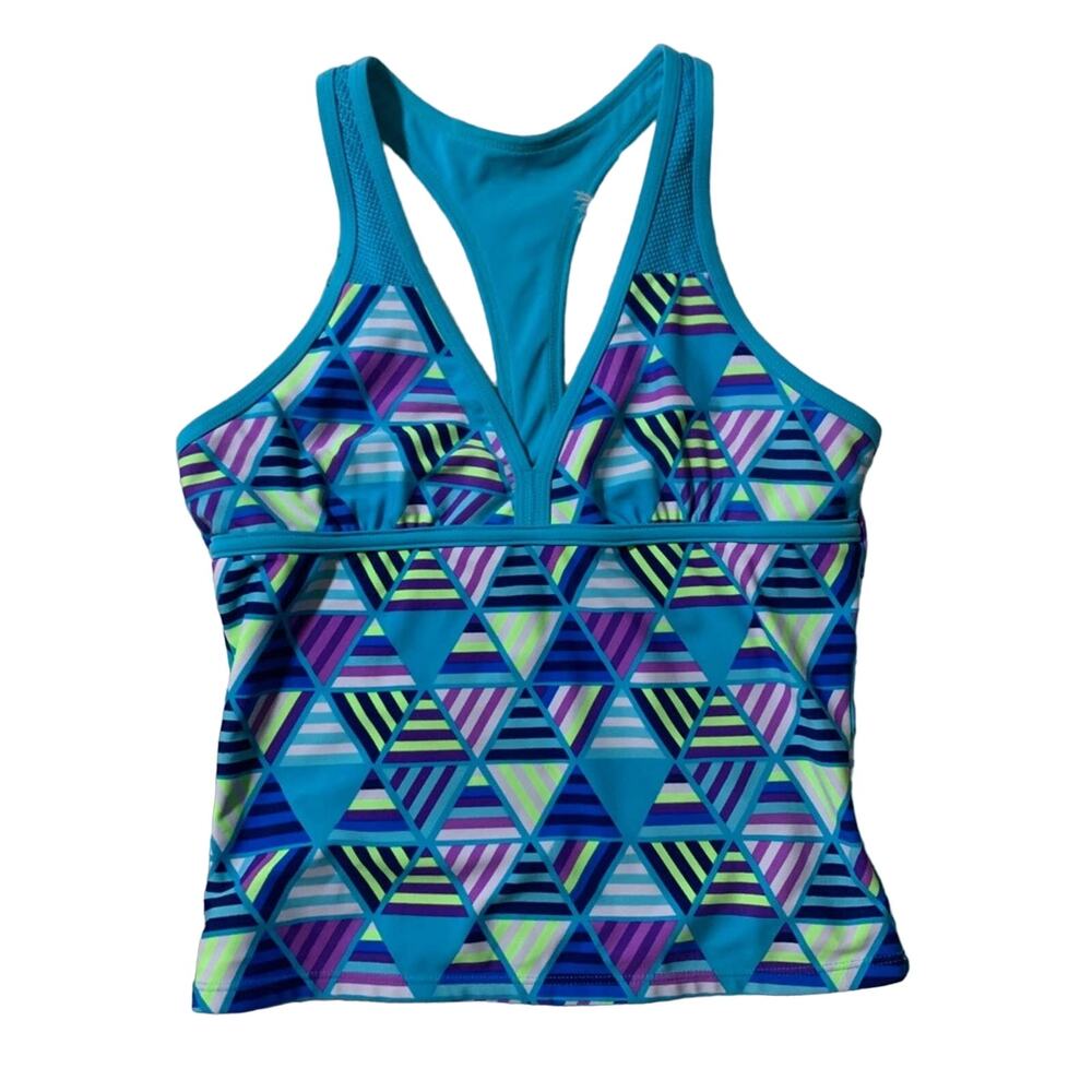Justice Girls Swim Tank Blue and Geometric Print
